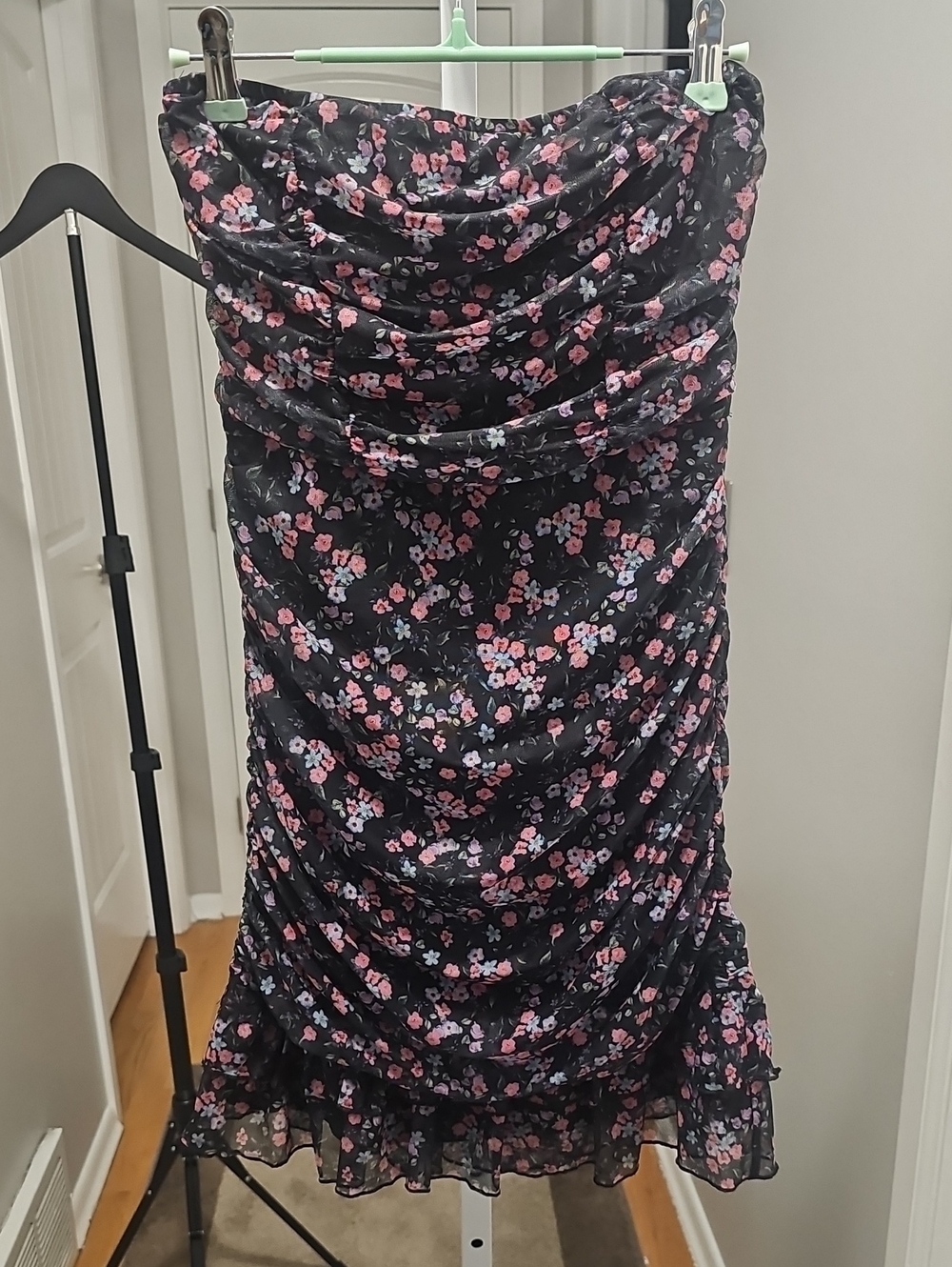 Tilly's Black Strapless Floral Ruched Midi Dress with Pink Accents
